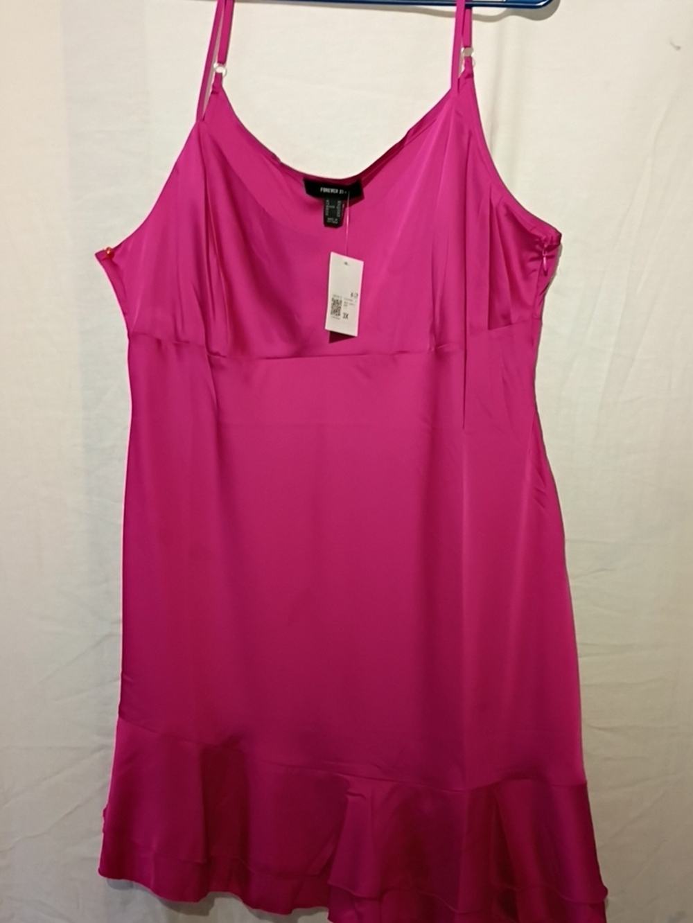 NWT Forever 21 Hot Pink Satin Midi Sun Dress with Ruffle Hem, Sz 22, NWT